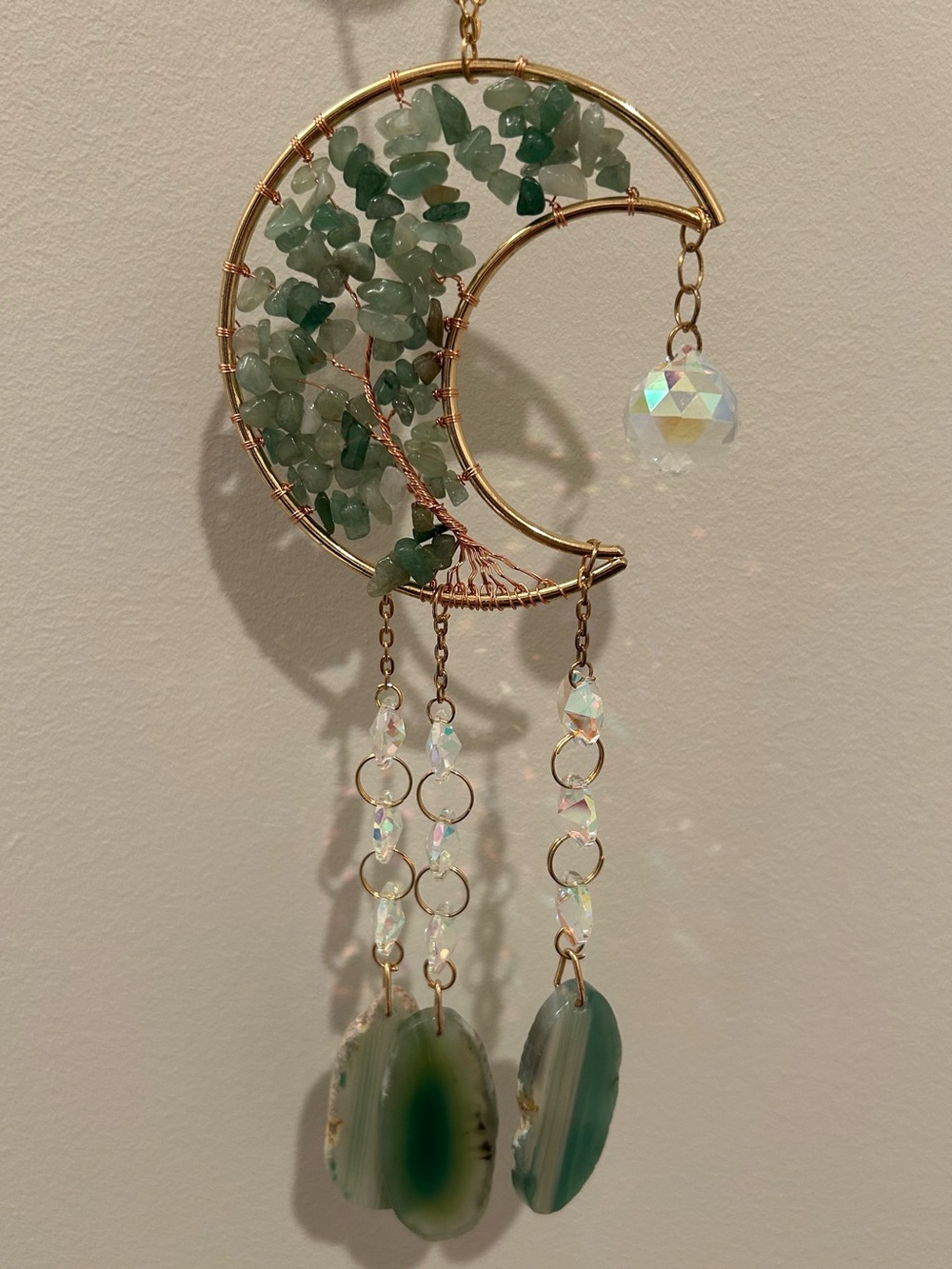 Celestial Crescent Moon Sage Green Agate Stone Pendant Decor